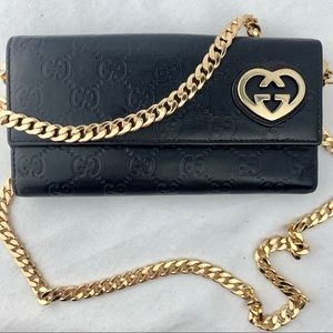 GUCCI GG Supreme Leather Wallet on Gold Chain